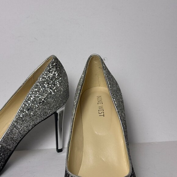 Nine West Women 9 Two Tone Ombre Coarse Glitter Fabric Silver Heels Pump Grey - Picture 9 of 16